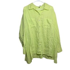 Jones New York Blouse Women's 2X Green Button Up 100% Linen Collared Preppy